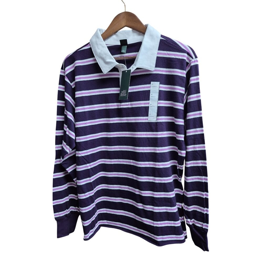 Remove Purple White Striped Unisex Rugby Polo Shirt - Picture 2 of 6